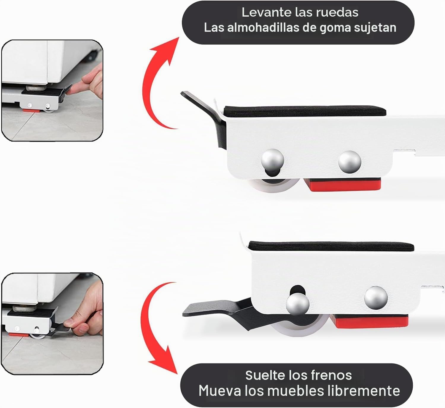 2 unidades de soporte ajustable para lavadoras, ruedas de muebles de acero inoxidable, pueden soportar 300 kg, ruedas de transporte de muebles con base antideslizante de goma para frigoríficos,