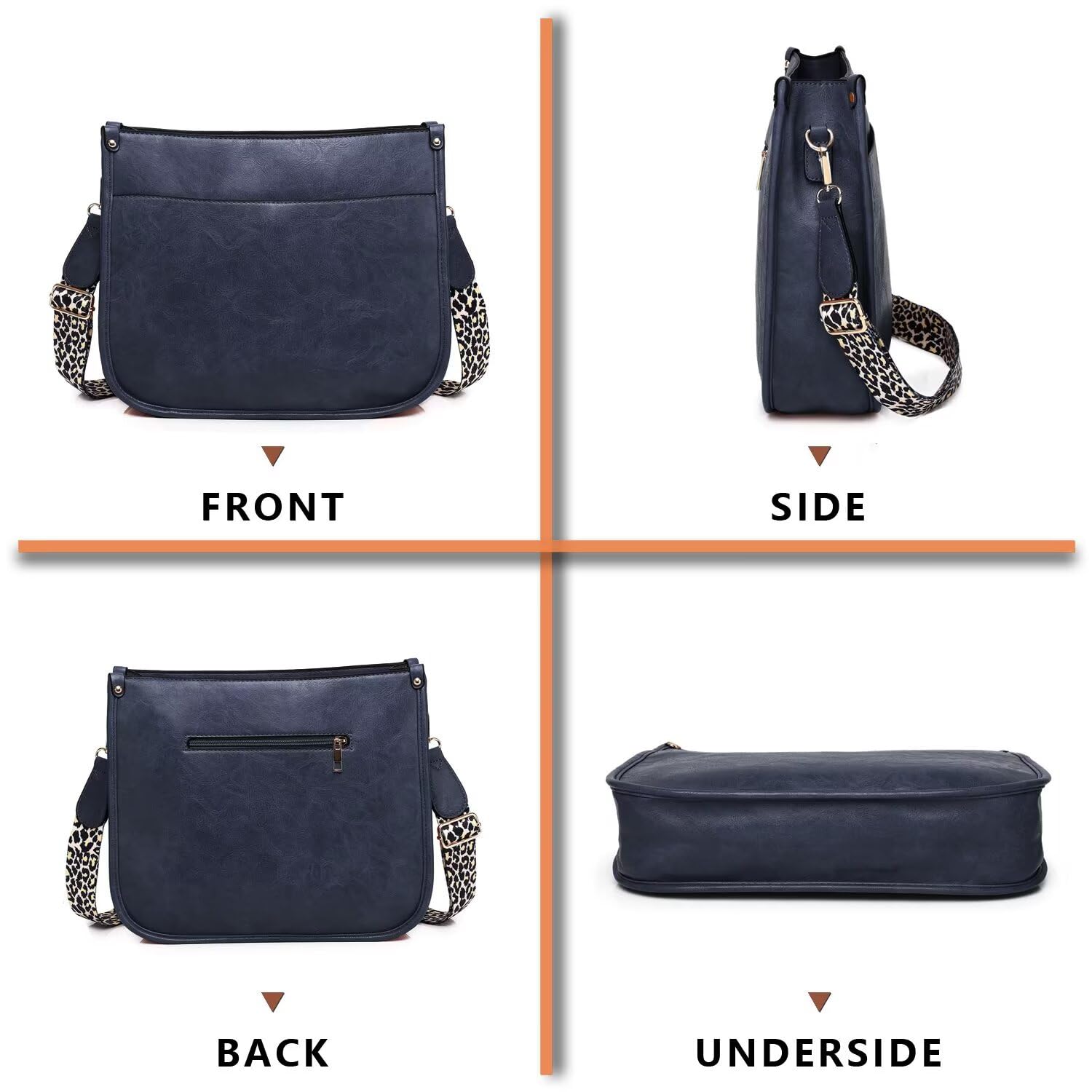 AUYOCO Vegan Leather Crossbody Bags for Women, Crossbody Purse with Guitar Strap Zipped Pockets Handbag Shoulder Bag: Navy(one Strap)