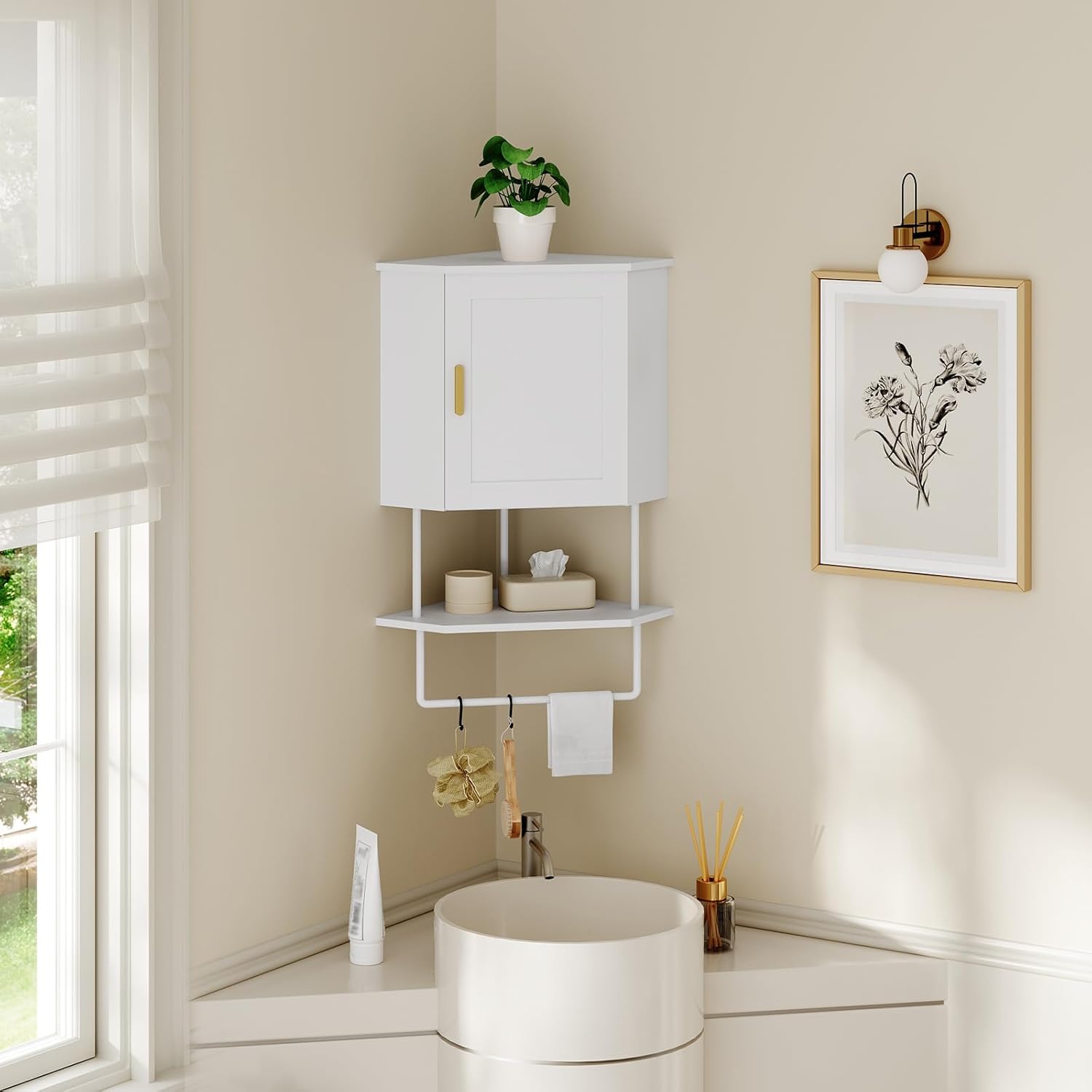 Bathroom Wall Cabinet, Corner Wall Mount Medicine Cabinet with Adjustable Shelf & Towel Bar, 3-Tier Over Toilet Storage Cabinets for Bathroom Laundry Room Kitchen, for Small Space, White