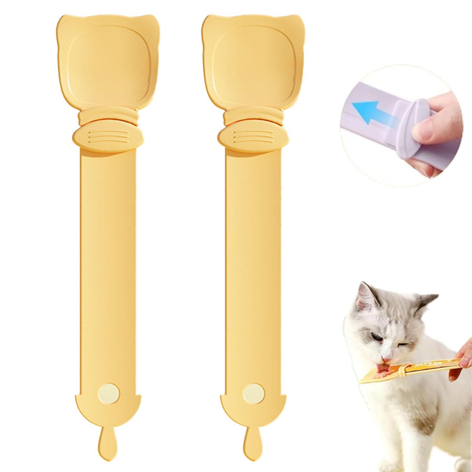 Cat Treat Spoon Squeeze, Cat Squeeze Treat Spoon, Cat Treat Squeeze Spoon Dispenser, Cat Strip Feeder, for Cat Liquid Snack Lickable Cat Feeding, Cat Sliding Dispense (2 PC Yellow)