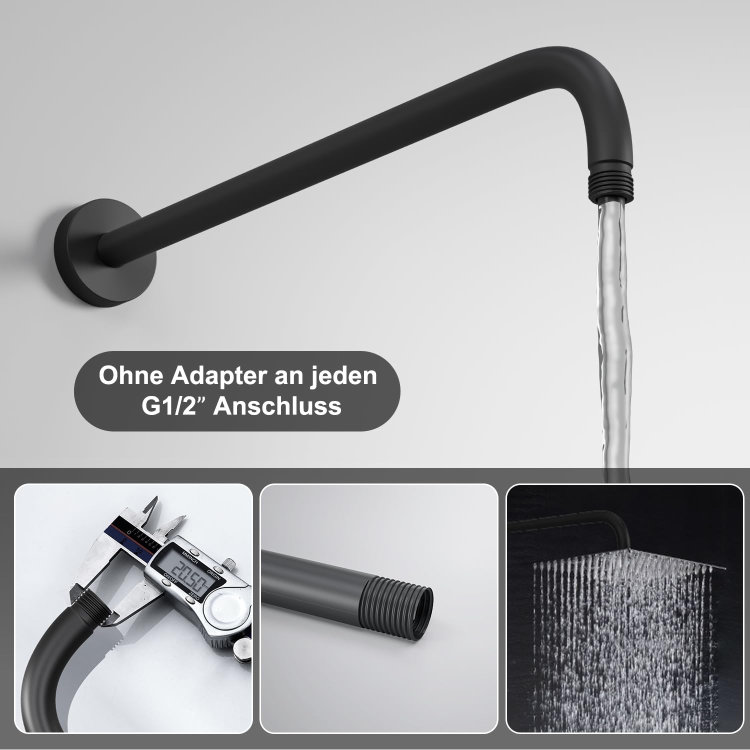 JOHO Bombenfester Brausearm Wandarm Deckenarm Zulaufarm aus Edelstahl 40cm rund schwarz mit Belastung 52kg
