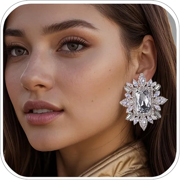 XSBODY Large Silver Rhinestone Clip On Earrings For Women Non Pierced Bling Crystal Statement Earrings Formal Trendy