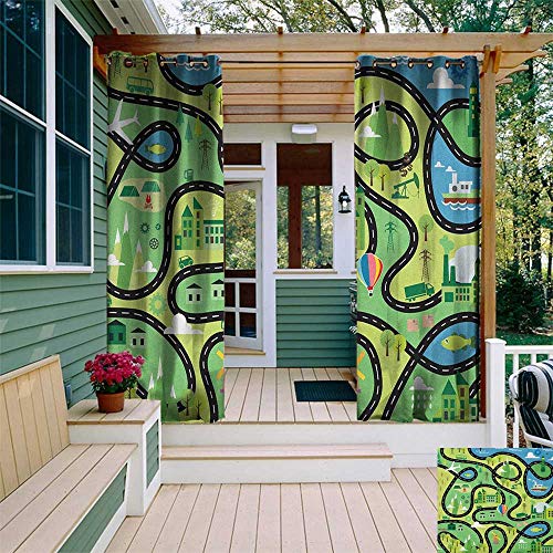 leinuoyi Boys, Outdoor Curtain Extra Long, Aerial View of Coastal Suburbs with Roads Cartoon Style Hot Air Balloon Windmill, for Patio Waterproof W120 x L108 Inch Multicolor