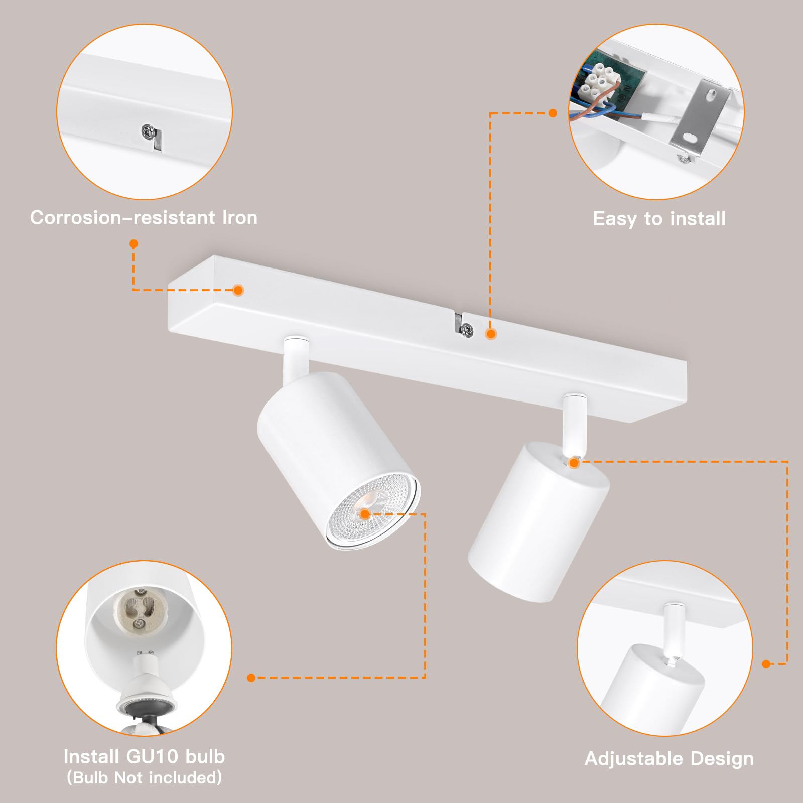 Ketom Lampada Faretti da Soffitto Orientabili, GU10 Faretti LED da Soffitto Bianco, Moderna Plafoniera LED Faretti 2 Luce, Faretto da Parete Interno per Barra, Cameretta, Cucina, Senza Lampadina