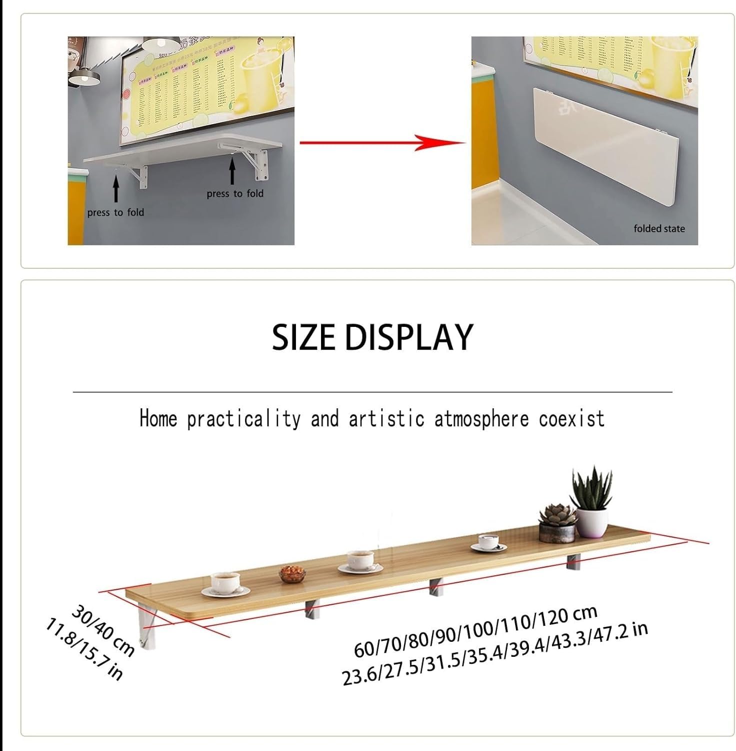 Składany stół ścienny wąski drewniany stół jadalny do sklepu z herbatą mleczną baru i jadalni oszczędzający miejsce design 89 cm x 40 cm stylowe czarne wykończenie