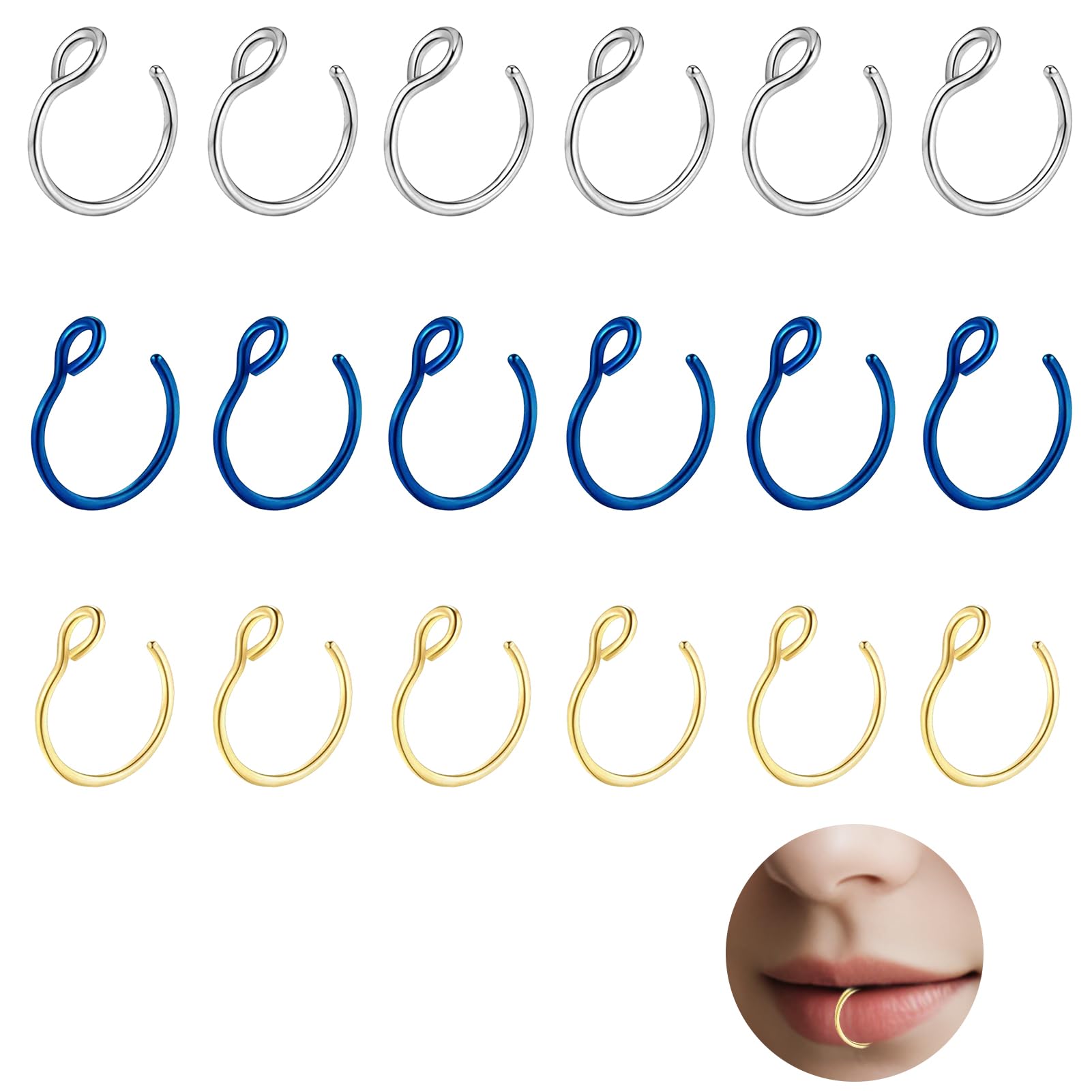 Erioscar 18 Piezas Piercing Septum Nariz Falso, Aro de Nariz Falso, para Tabique de Labio Artificial Conjunto de Anillo de Nariz Labio No Perforado