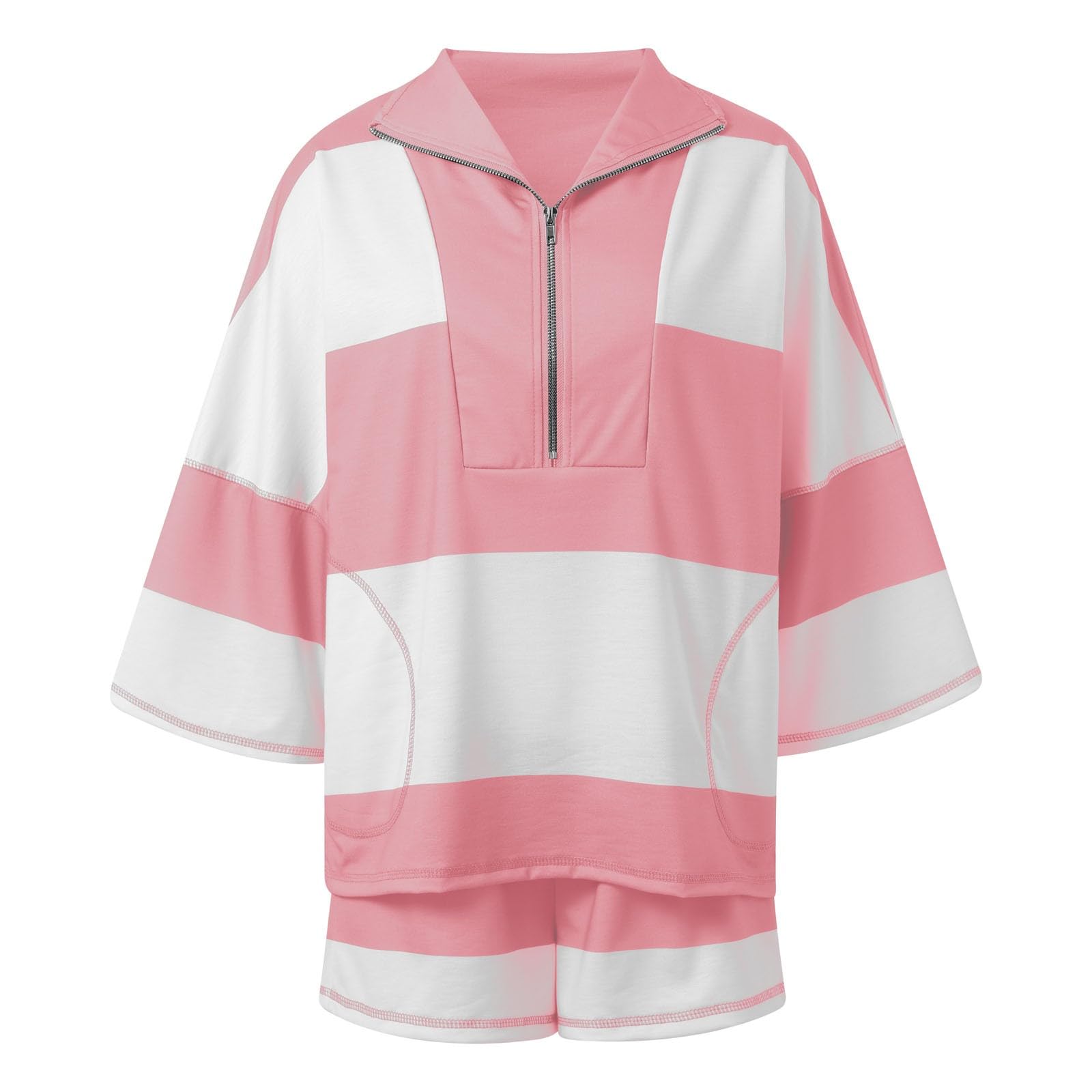 Generisch Tuta estiva da donna in due pezzi, corta, tinta unita, abbigliamento da spiaggia, vacanze, set elegante e casual, tuta leggera a maniche corte e pantaloncini con tasche, tuta per il tempo