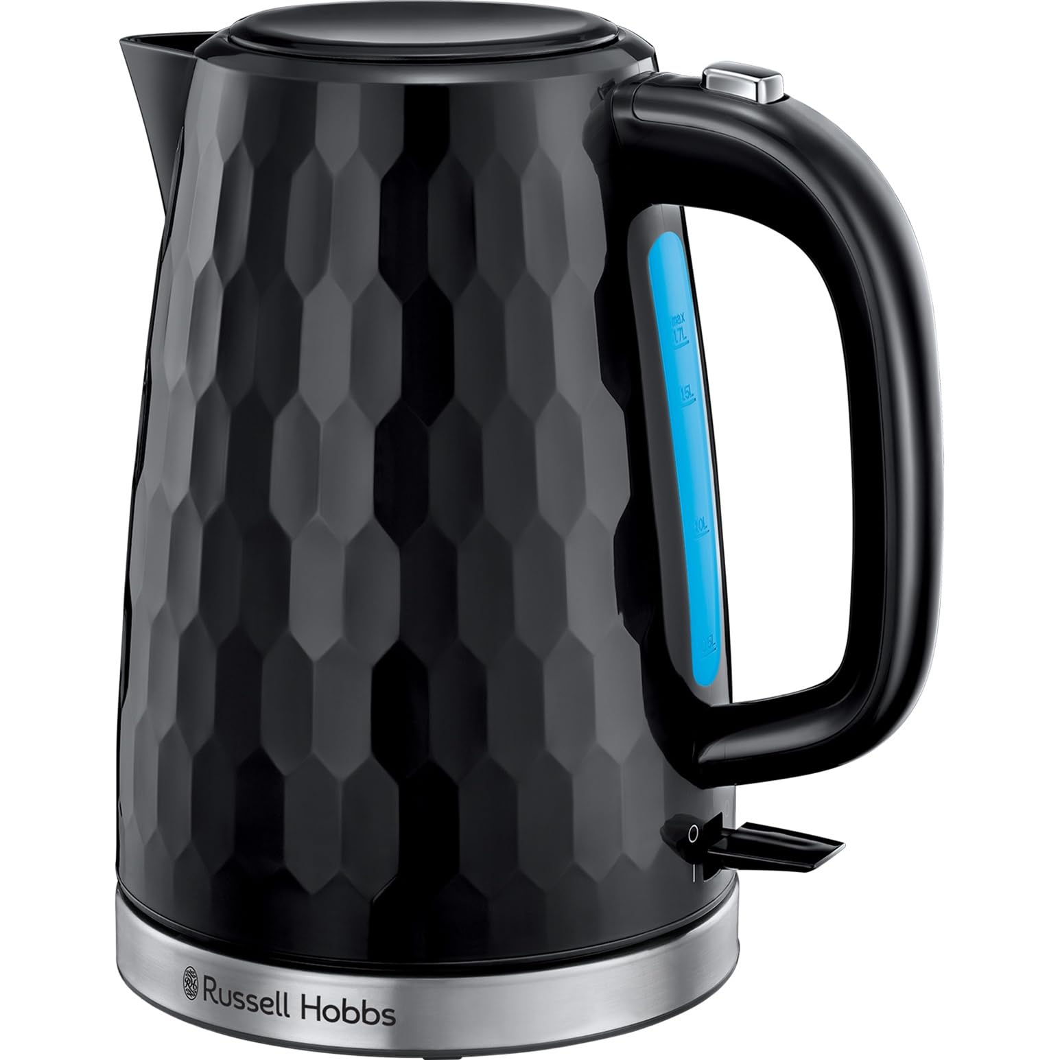 Russell HobbsHoneycomb Electric 1.7L Cordless Kettle (Fast Boil 3KW, Black premium plastic, matt & high gloss finish, Removable washable anti-scale filter, Push button lid, Perfect pour spout) 26051