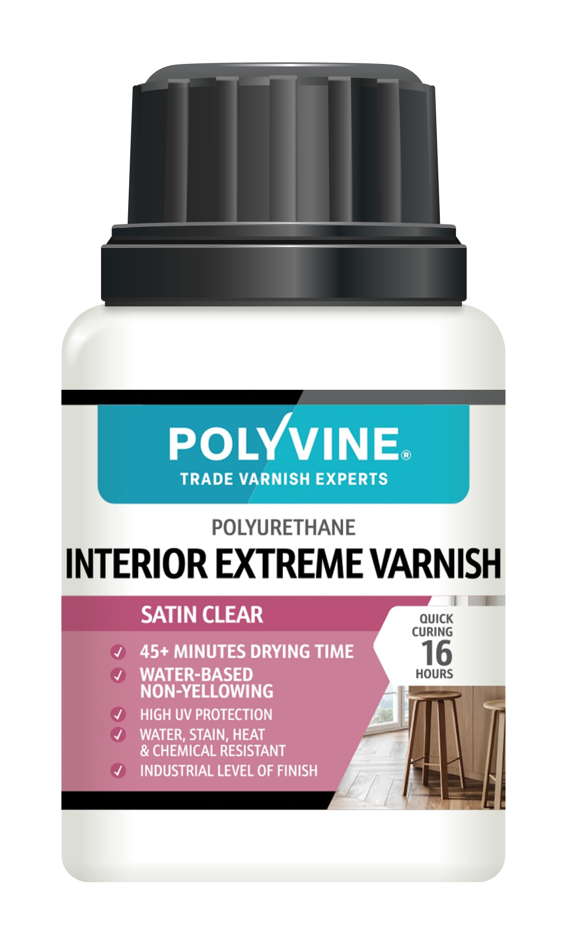 Polyvine Interior Extreme Varnish Satin or Dead Flat – Quick Dry Polyurethane Clear Coat Multi Use Protective Coating - Water-Based, UV, Heat, Stain, Water Resistant Sealer, Satin, 100ml