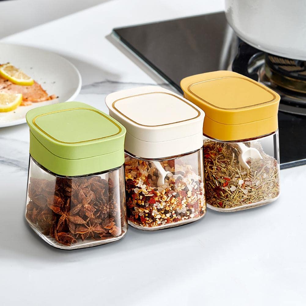 Frascos de especias, contenedor de condimentos, 1 Juego de tarros de condimentos Gran capacidad Buen sellado Vidrio visual Tapa abatible Juego de caja de condimentos con cucharas Suministros de cocina