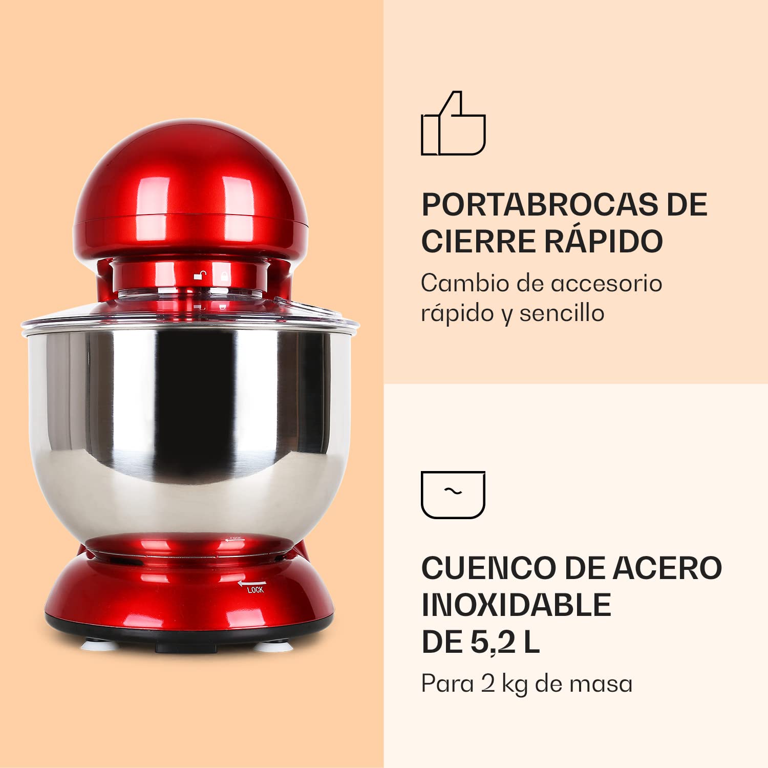 Klarstein Batidora Amasadora con Bol 5L para Hornear, Robot Cocina, Amasadora Reposteria 1800W, Gancho y Bol para Mezclar, Electrodomesticos Cocina Varillas Rotación Planetaria con 6 Velocidades