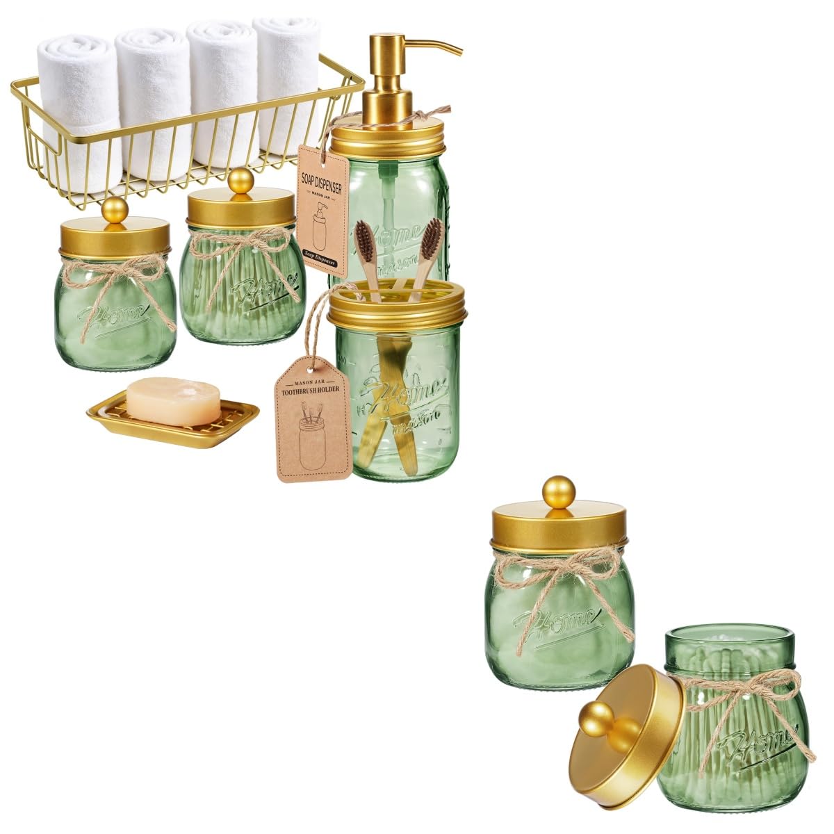 SheeChung 2 Pack Qtip Holder Dispenser Apothecary Jars with Lids 6Pcs Mason Jar Bathroom Accessories Set Soap Dispenser