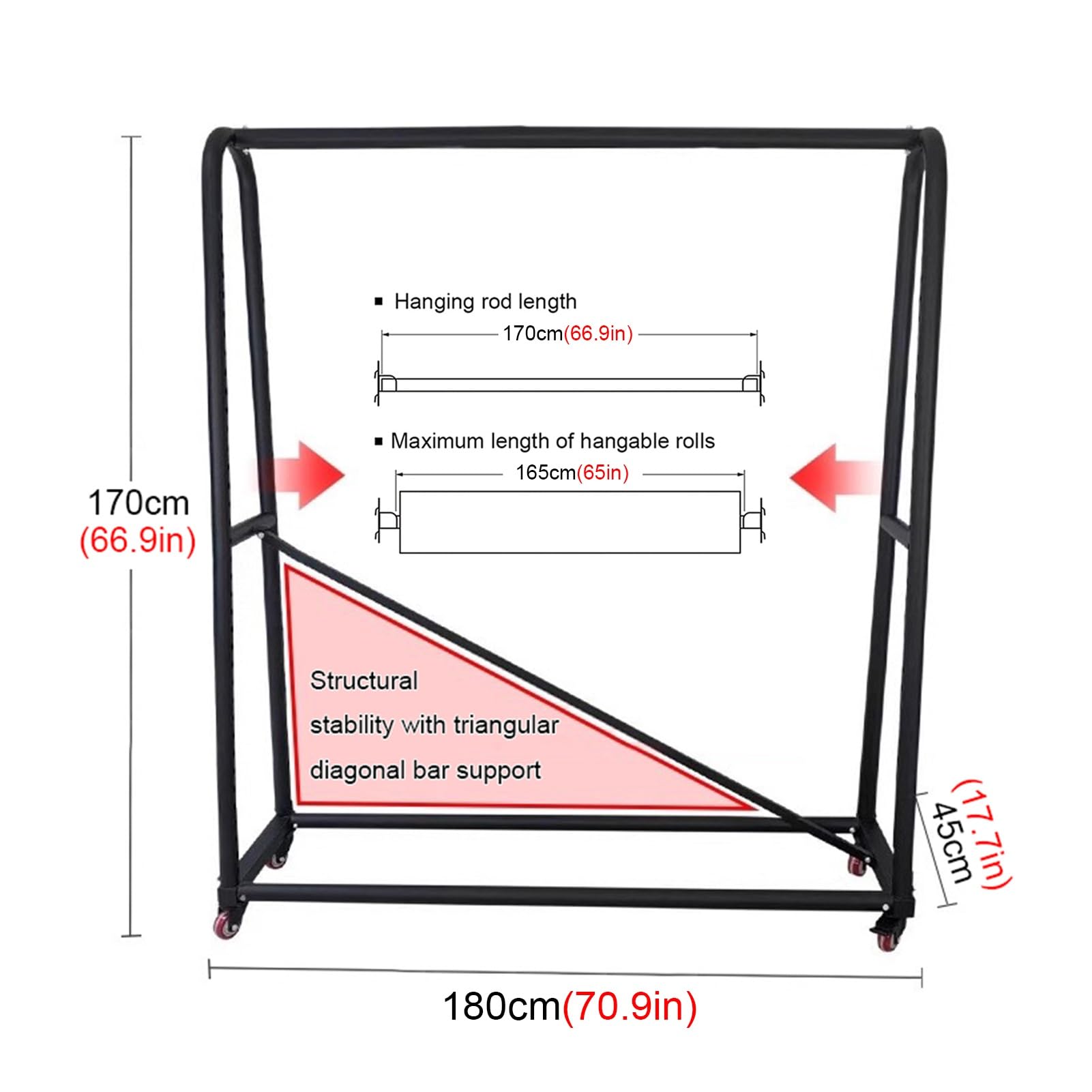 20 Rolls Commercial Fabric Storage Rack with Adjustable Hanging Rod, Movable Heavy Duty Steel Organizer Holder with Wheels for Vinyl Spool / Leather Roll / Window Film / Wallpaper Displays(180x45x170c