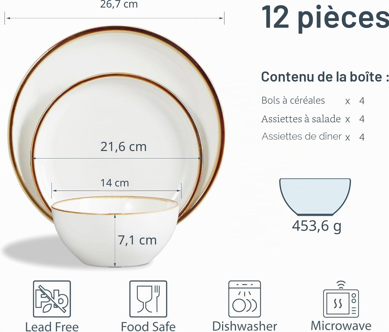 ONEMORE 12 Pcs Service de Table en Porcelaine Complet Moderne pour 4 Personnes, 4 Pcs * [Assiette Plate][Assiette à Dessert][Bol à Céréale], Cremeweiß