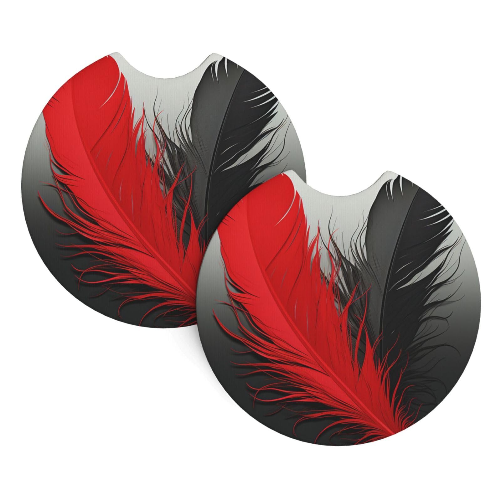 2 Pack Car Coaster for Cup Holders Red and Black Feather Car Cup Coaster 2.7" Neoprene Non-Slip Automotive Cup Mat Universal Auto Car Interior Accessories for Women Men Cup Pad