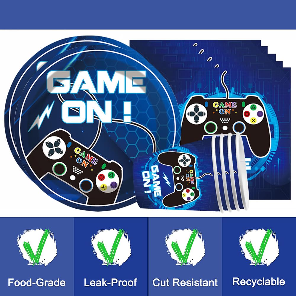 YGCHEN Jeu vidéo - Vaisselle de fête pour anniversaire d'enfant - Jeu de vaisselle - Gobelets en carton - Assiettes en carton - Serviettes de table - Décoration d'anniversaire pour 10 personnes - Bleu