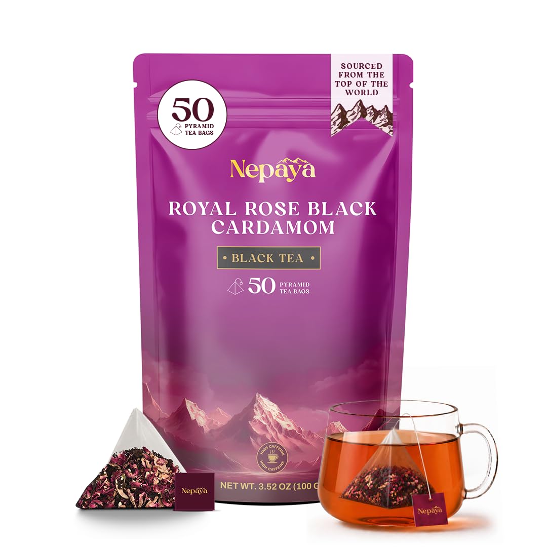 Nepaya Royal Rose Cardamom Black Tea Bags, 50 Biodegradable Pyramid Teabags, Special Blend Black Tea with Rose Petals & Black Cardamom Flavor, High Caffeine Energy Boost, Tea Bags for Daily Brew