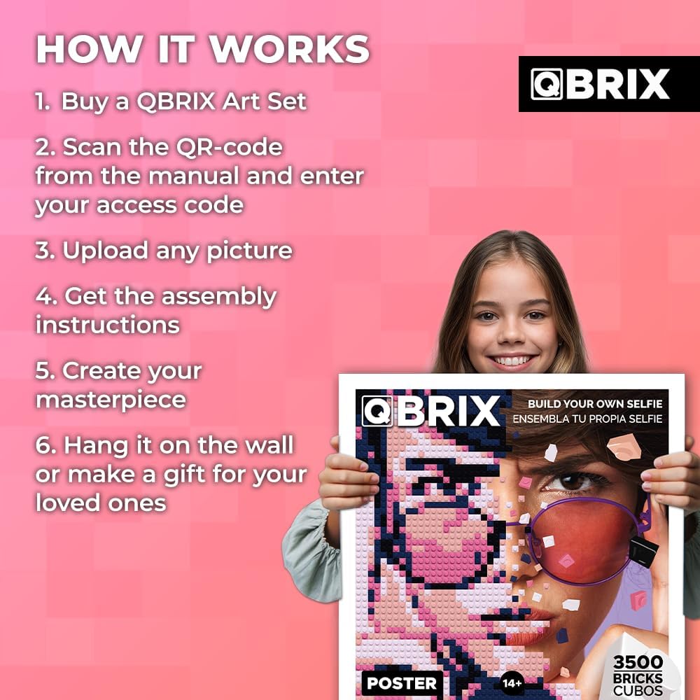 QBRIX Custom Selfie Mosaic Building Set | Art Kit for Wall Art Creation from Any Photo | Personalised Gift | Building Blocks Portrait with Frame | Pixel Art Building Kit | Poster 17.5 x 17.5 inch