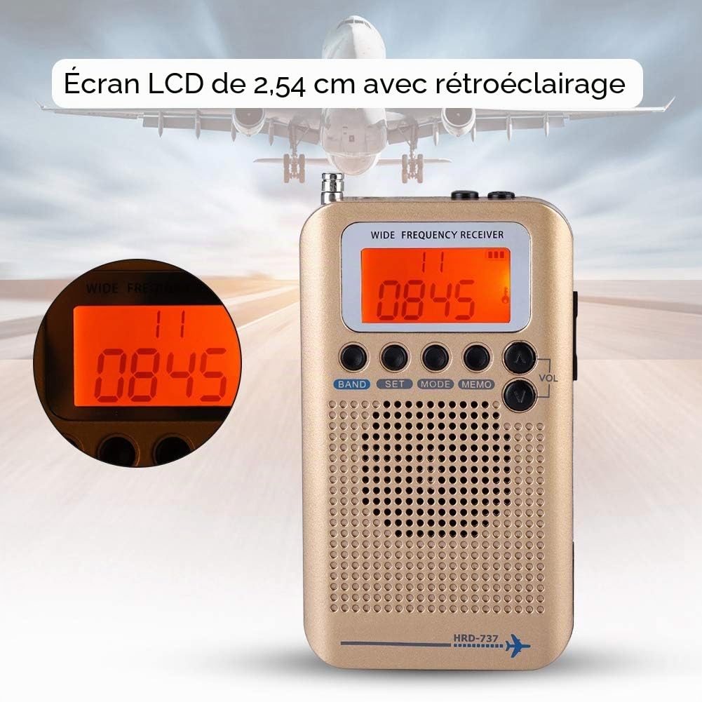 Diyeeni Récepteur Radio Multifonctionnel Portable Rechargeable Noir Jaune, FM/AM/CB/SW/VHF/Aviation, Haut-Parleur, Casque, Affichage LCD, Antenne Externe, Cordon