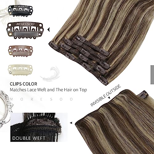 Moresoo Clip in Hair Extensions Real Human Hair Highlights Clip in Human Hair Extensions Dark Brown with Caramel Blonde 14 Inch 5pcs/80g #P4/27 - Image 4