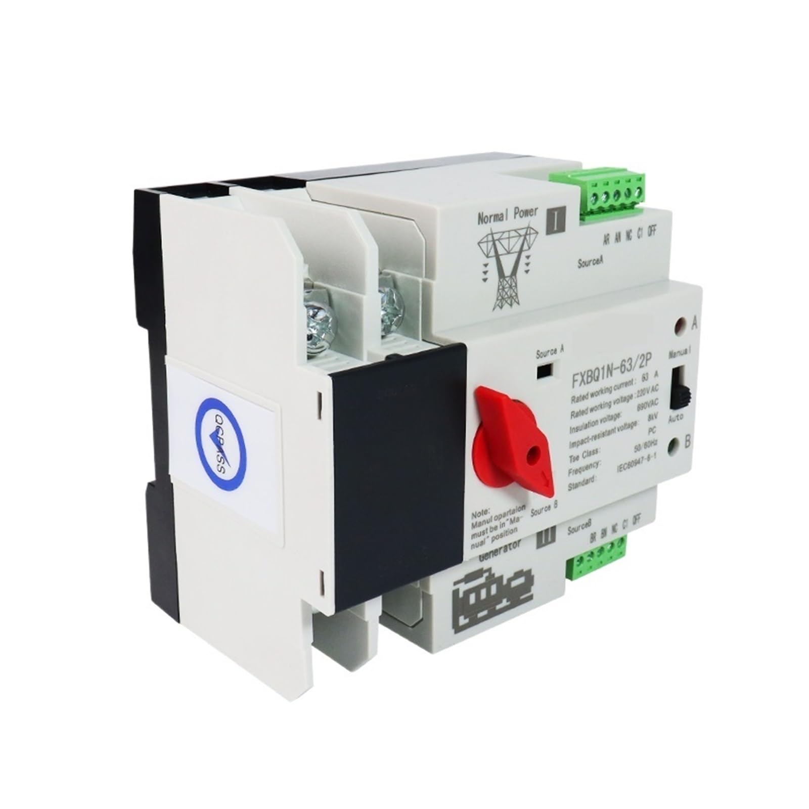 Commutateur de transfert automatique à double puis 2P Din Rail ATS commutateur de transfert automatique double puissance commutateurs de sélecteur électrique alimentation ininterrompue 220VAC 63A 100A