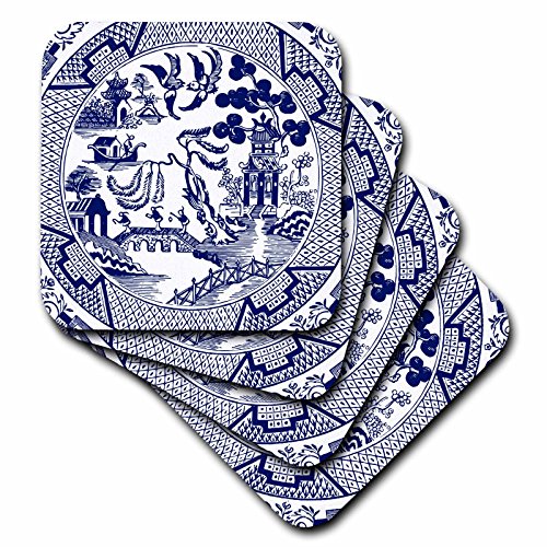 3dRose CST_262242_2 Willow Pattern Detail in Blue and White, Set of 8 Coasters, Mutli-Colour
