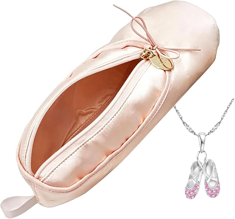Necessaire de cetim rosa com estampa de sapatilha de balé e colar