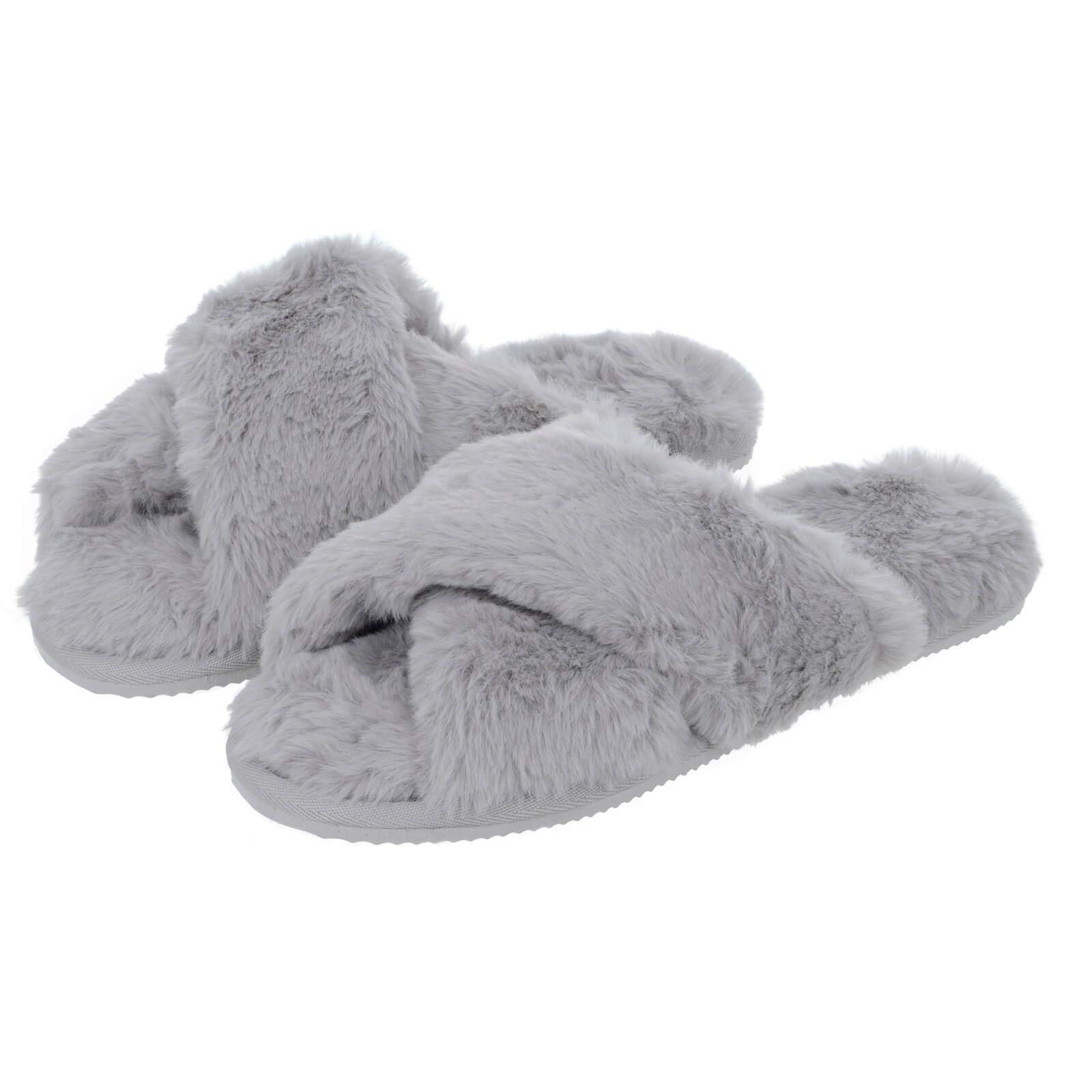 Autumn Faith Ladies Faux Fur Mule Slippers Crossover Style Upper Sliders Hard Sole Grey 3 UK