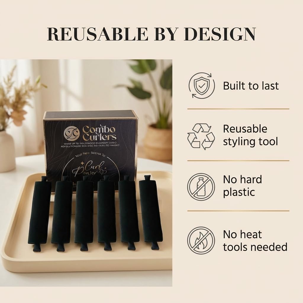 Heatless Hair Curlers - Overnight Foam Rollers for Sleeping, No Heat Curlers for Women, Satin Wrapped Ends & Soft, 8pc Set for Hollywood Blowout Curls (Black)