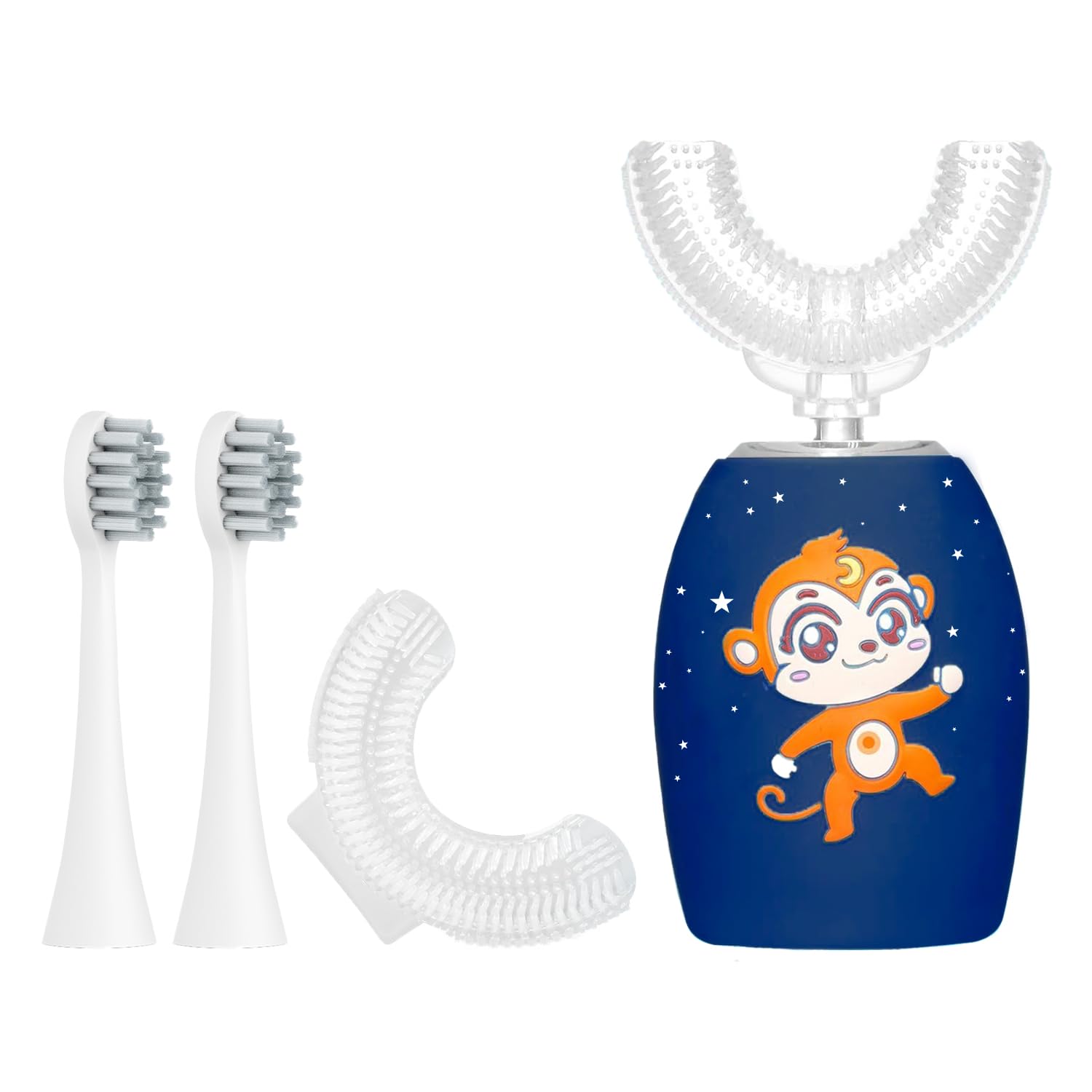 Spazzolino elettrico a forma di U per bambini con 4 testine, spazzolino sonico per bambini con timer 60s, design impermeabile IPX7, età 2-14, motivo carino blu