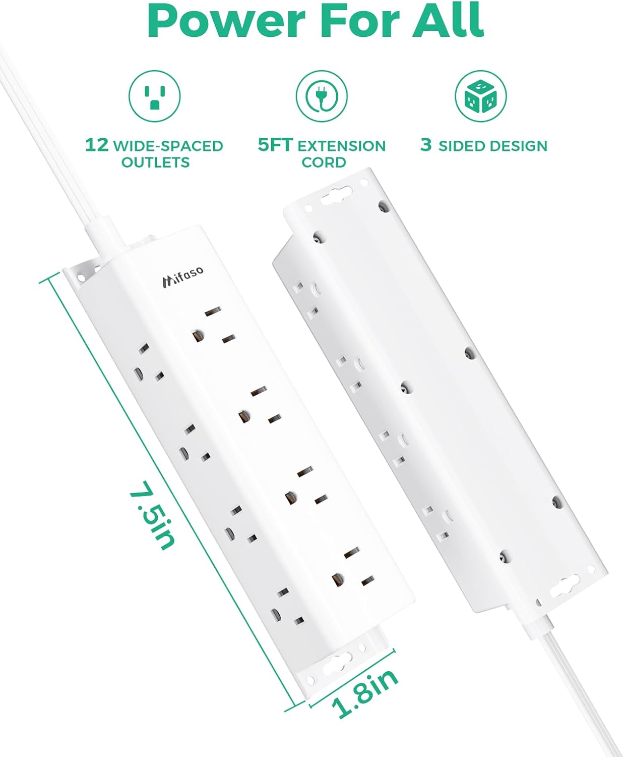 Surge Protector Power Strip - Widely Spaced Multi Outlets, Wall Mount, 3 Side Outlet Extender with Extension Cord, Flat Plug, Overload Protection, Home Office Dorm Room Essentials (5FT, White)