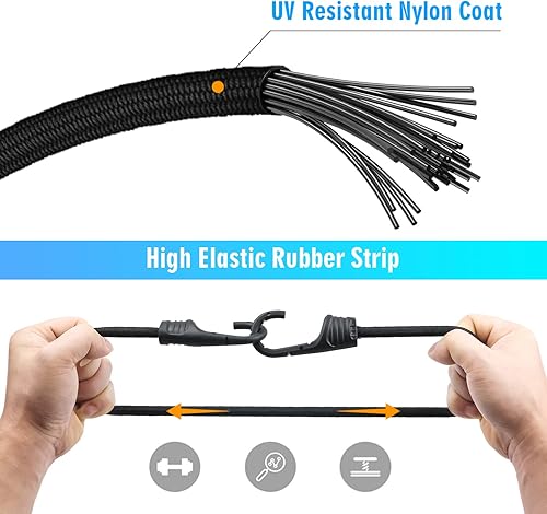 Miniatura 3 de Cuerda elástica de 24 pulgadas con ganchos dobles, paquete de 4 correas elásticas de 0.315 pulgadas y 8 clips de lona, correas elásticas negras para