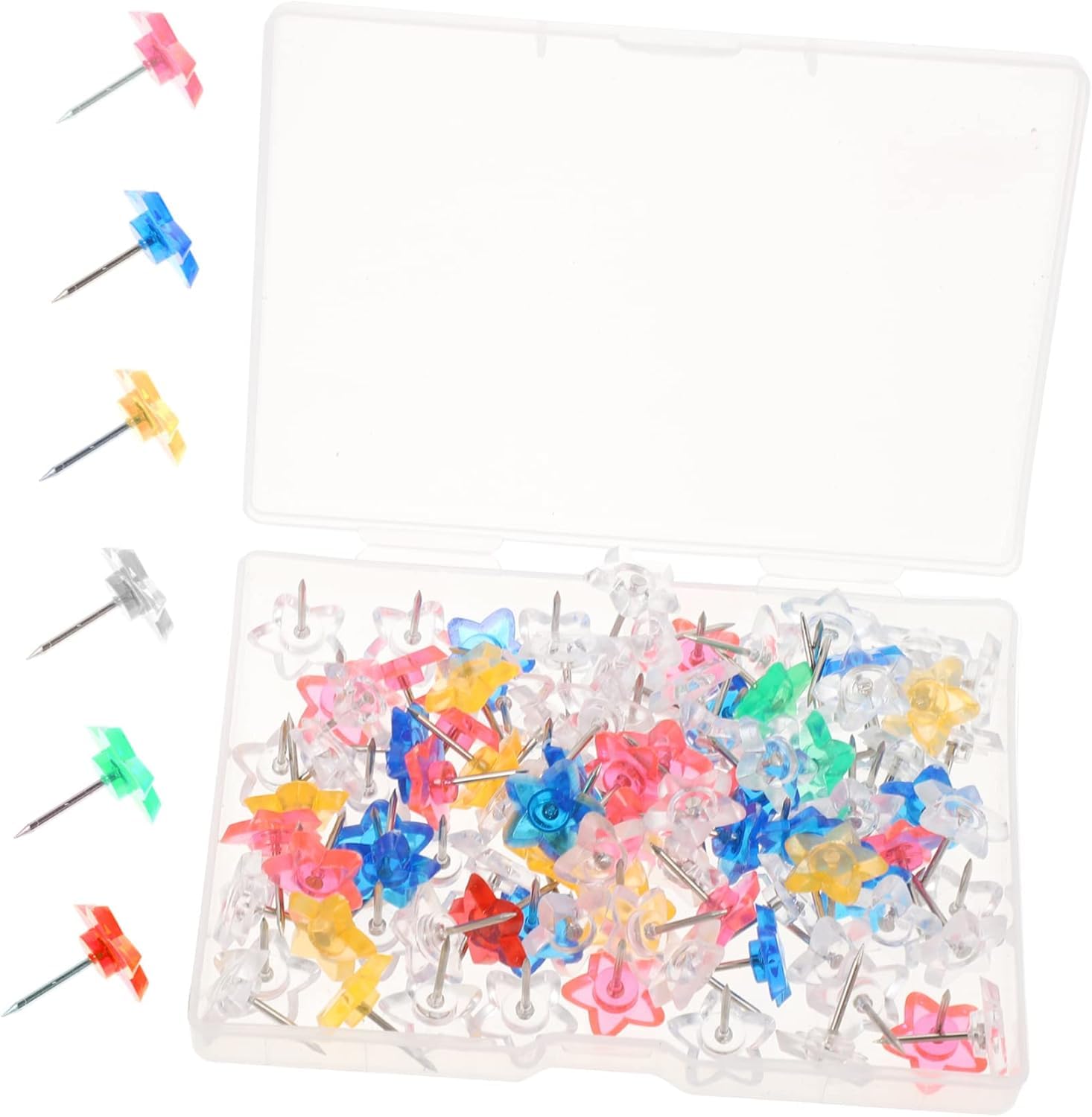 100 chinchetas coloridas en forma de estrella, chinchetas decorativas de punta de acero, chinchetas de plástico transparente, chinchetas de dibujo con caja para tablero de corcho, cinta, adhesivos y