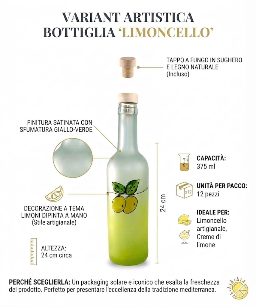 Bottiglia per Liquore Satinata Limoncello 375 ml con Tappo 12 pezzi | Decoro Limoni Dipinto, Finitura Satinata, Tappo a Fungo in Legno, Altezza 24 cm, Sfumatura Giallo-Verde