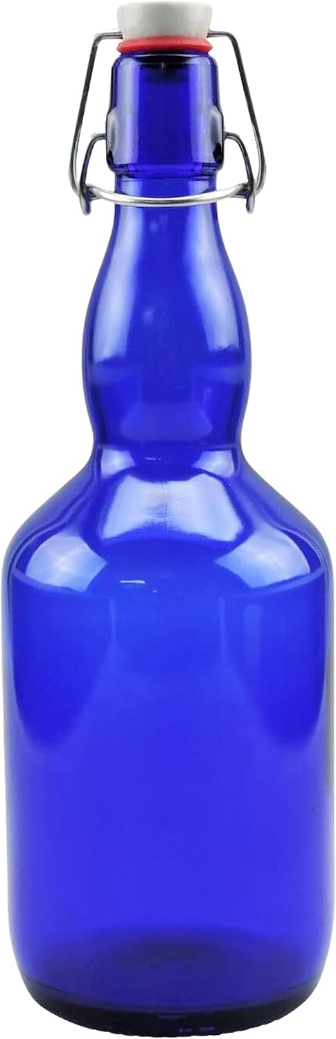 mikken - 6 x blue glass bottles 0.75 litres with swing top made of porcelain, including labels.