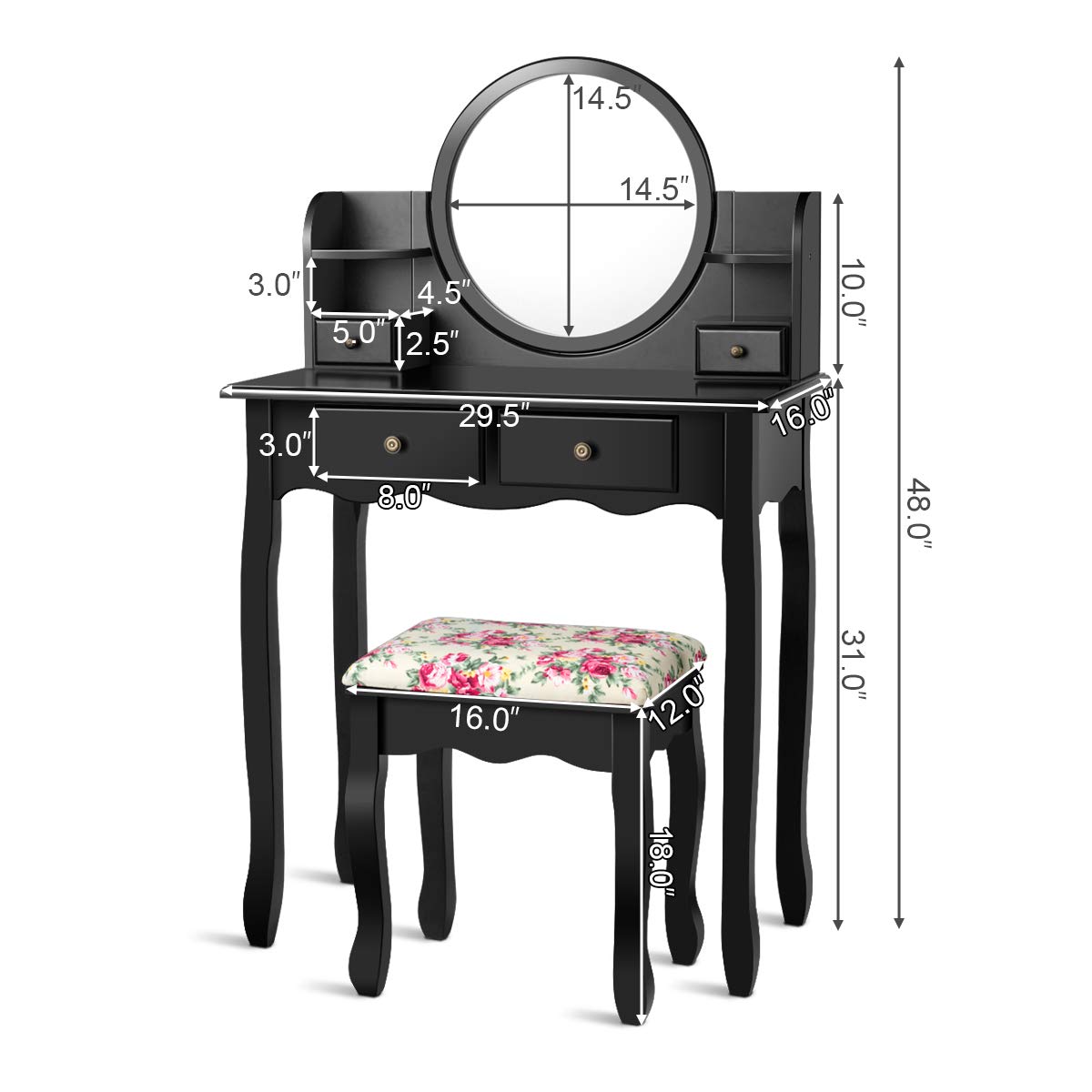 DORTALA Vanity Table Set with Round Mirror, Makeup Desk with Cushioned Stool, 4 Drawers & 2 Shelves, Makeup Organizer, Vintage Dressing Table for Bedroom, Best Gift for Women and Girls, Black