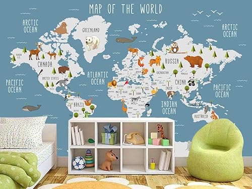 Murwall Kids Wallpaper Blue World Map Wall Mural Cartoon Animal Wall Print Nursery Wall Decor Childroom Play Room Bedroom