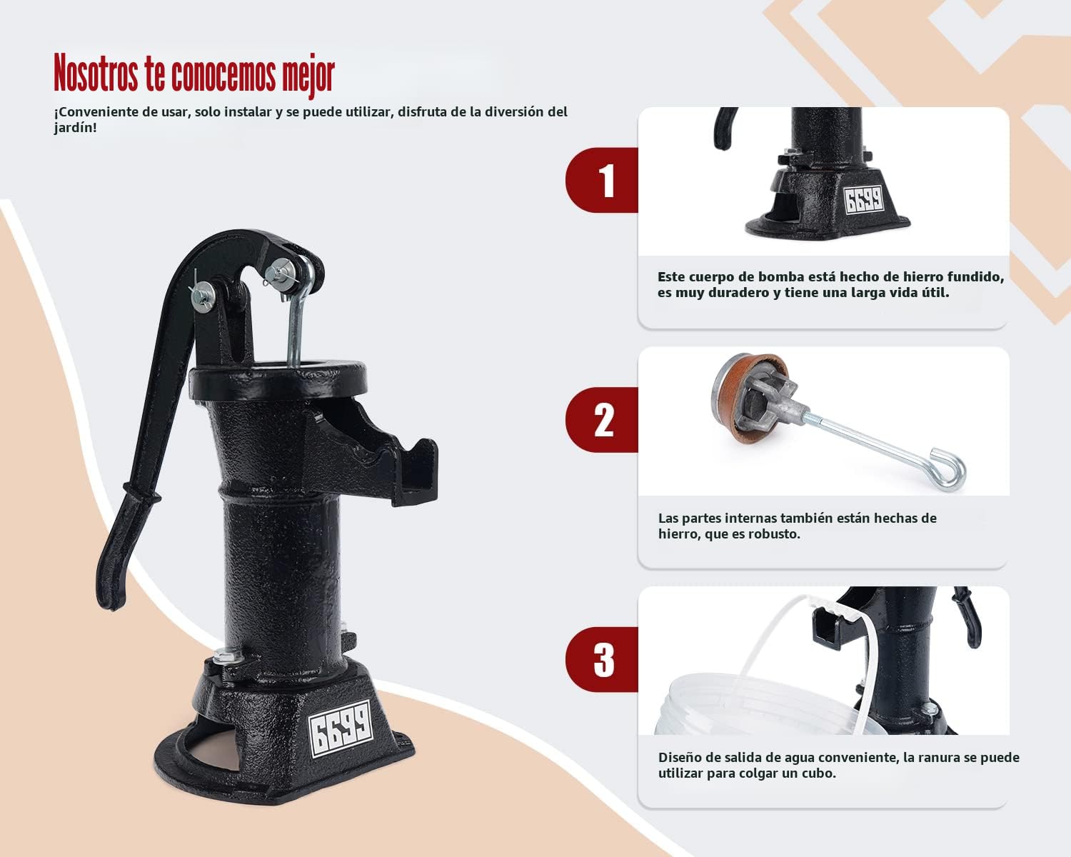 Bomba de jarra de hierro fundido duradera y manual antigua, bomba de succión de pozo, bomba de transferencia de agua, 25 pies, elevación máxima, fácil instalación para jardín, estanque, patios