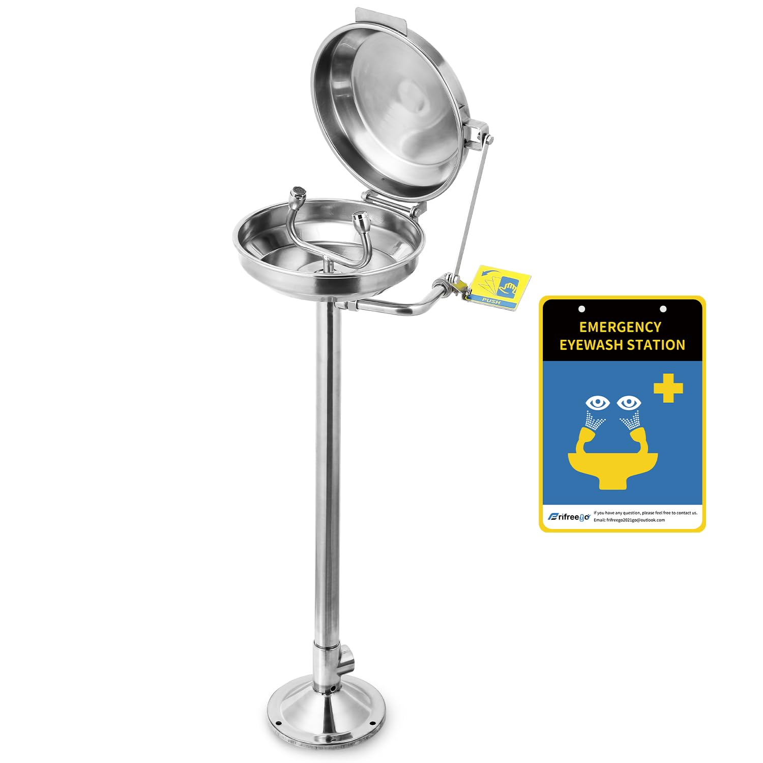 Eye Wash Station with Lid, Emergency Eyewash Station Pedestal Mounted Eye Washing Station for Worksite Shop Factory Lab, Stainless Steel, with Free Eye wash Station Sign