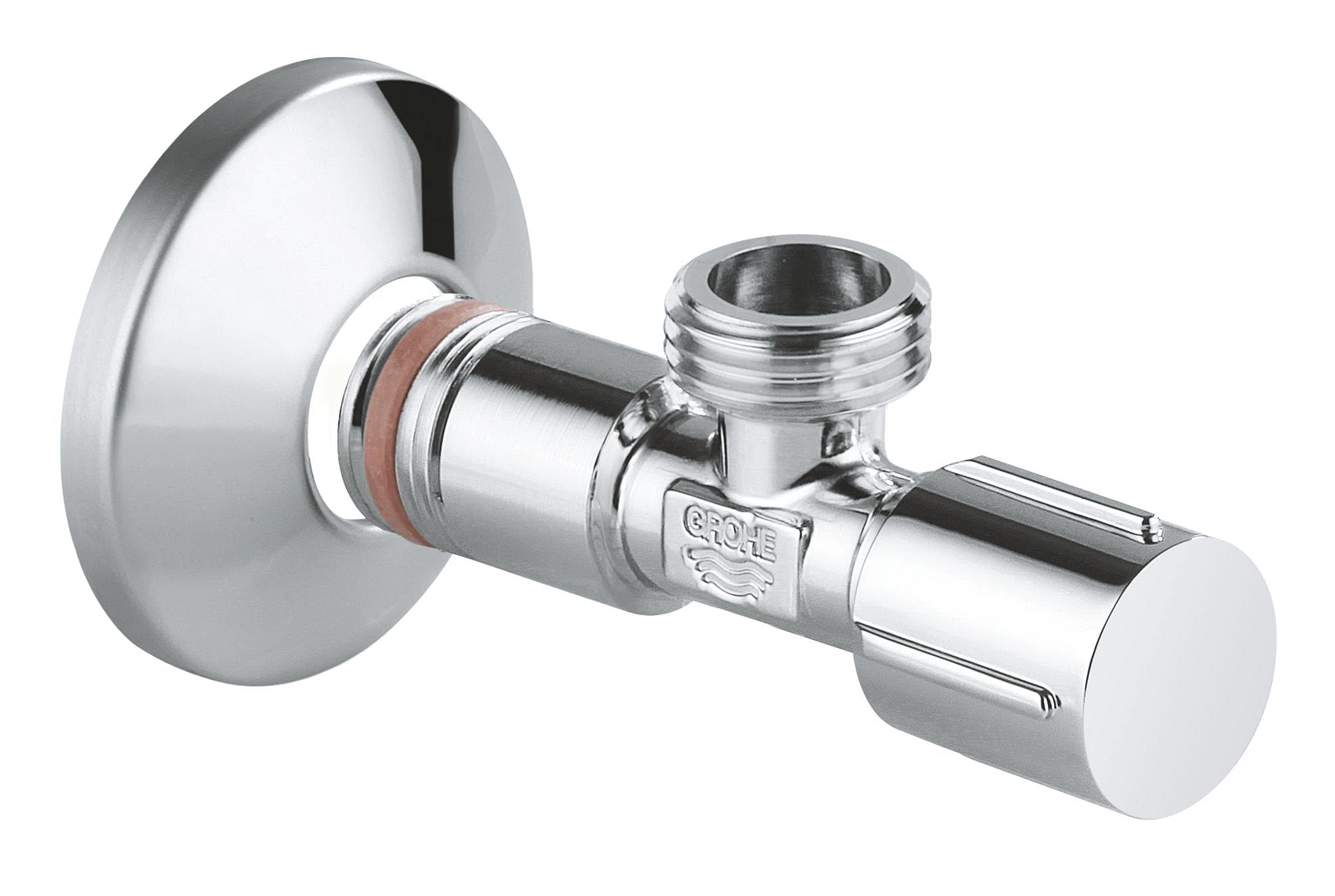GROHE Eckventil, selbstdichtendes Anschlussgewinde (Abgang und Wandanschluss 1/2 Zoll, mit Schubrosette, wassergeschützte Spindelabsperrung, mit Fettkammer und doppelter O-Ring Abdichtung). 22043000