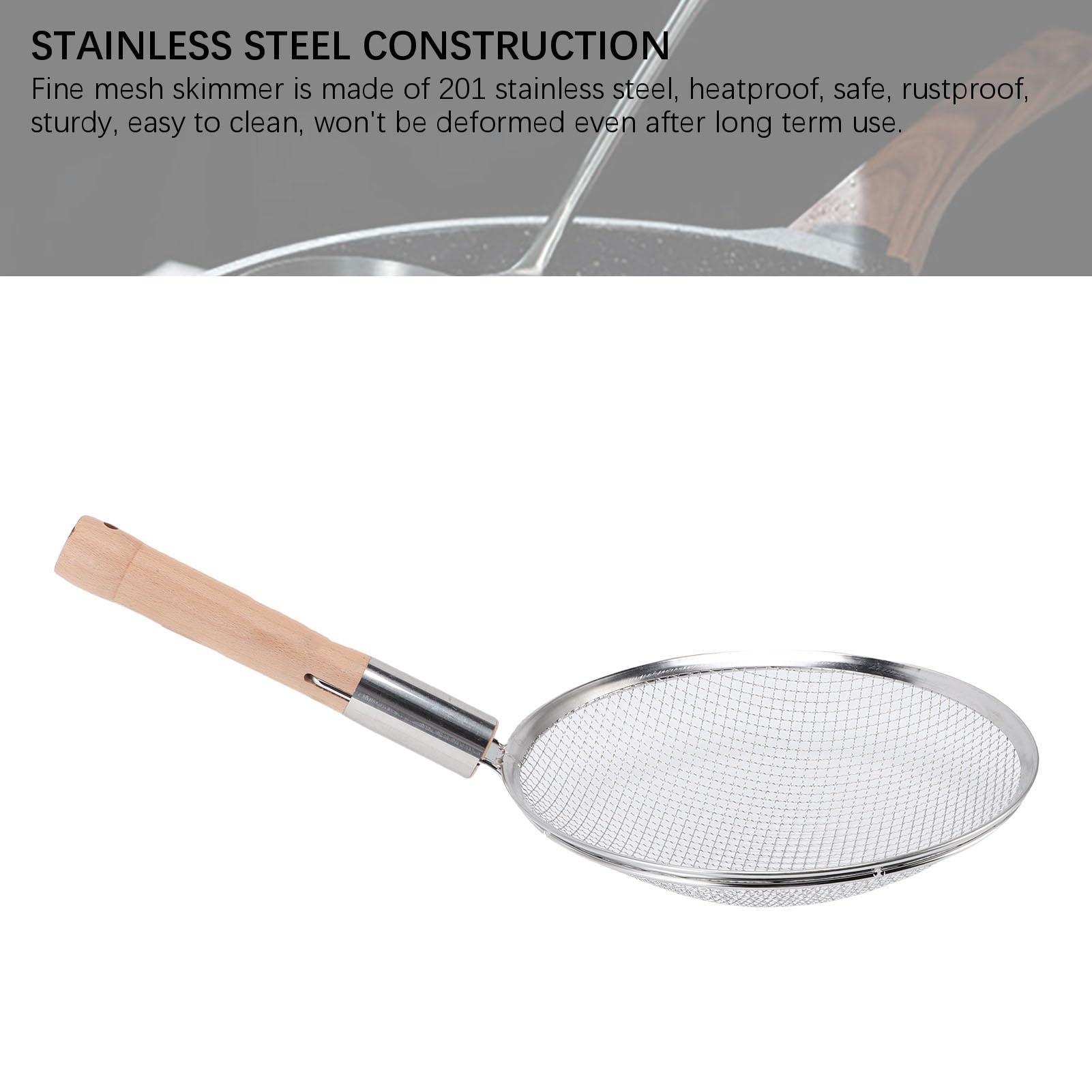 Wakects Schaumlöffel, Edelstahl, Feinmaschiges Sieb mit Holzgriff, 25,4 Cm Griff Zum Braten von Suppen und Heißen Töpfen, Zum Abschäumen von Öl, Filtern von Lebensmitteln in der Heimischen Küche