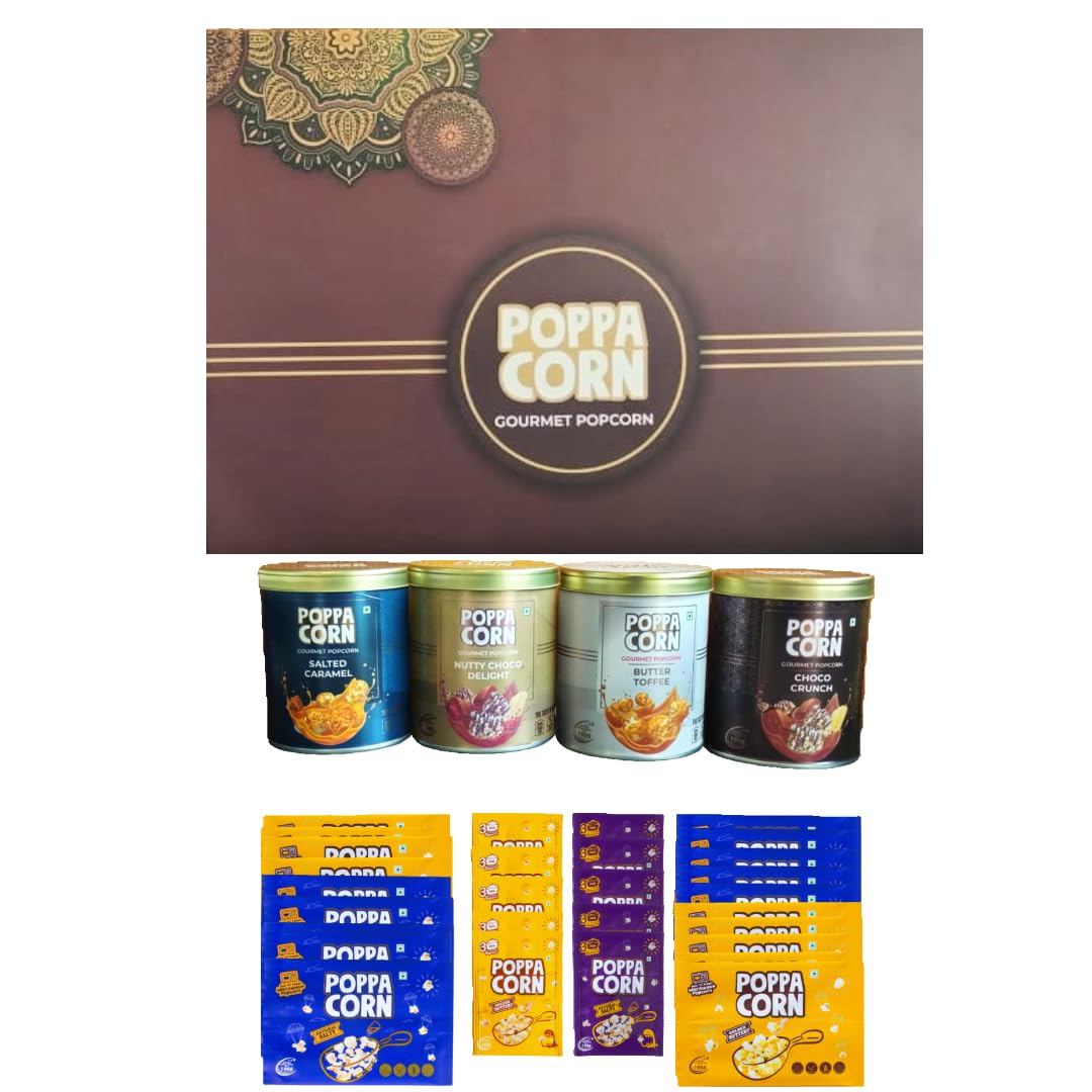 POPPACORN Gourmet Popcorn Gift Hamper, Salted Caramel, Nutty Choco Delight, Butter Toffee, Choco Crunch in Tin, Microwave Popcorn 100g/Pouch x 10, 33g/Pouch x 10, Instant Popcorn 70g/Pouch x 10 Pack of 40-image-3