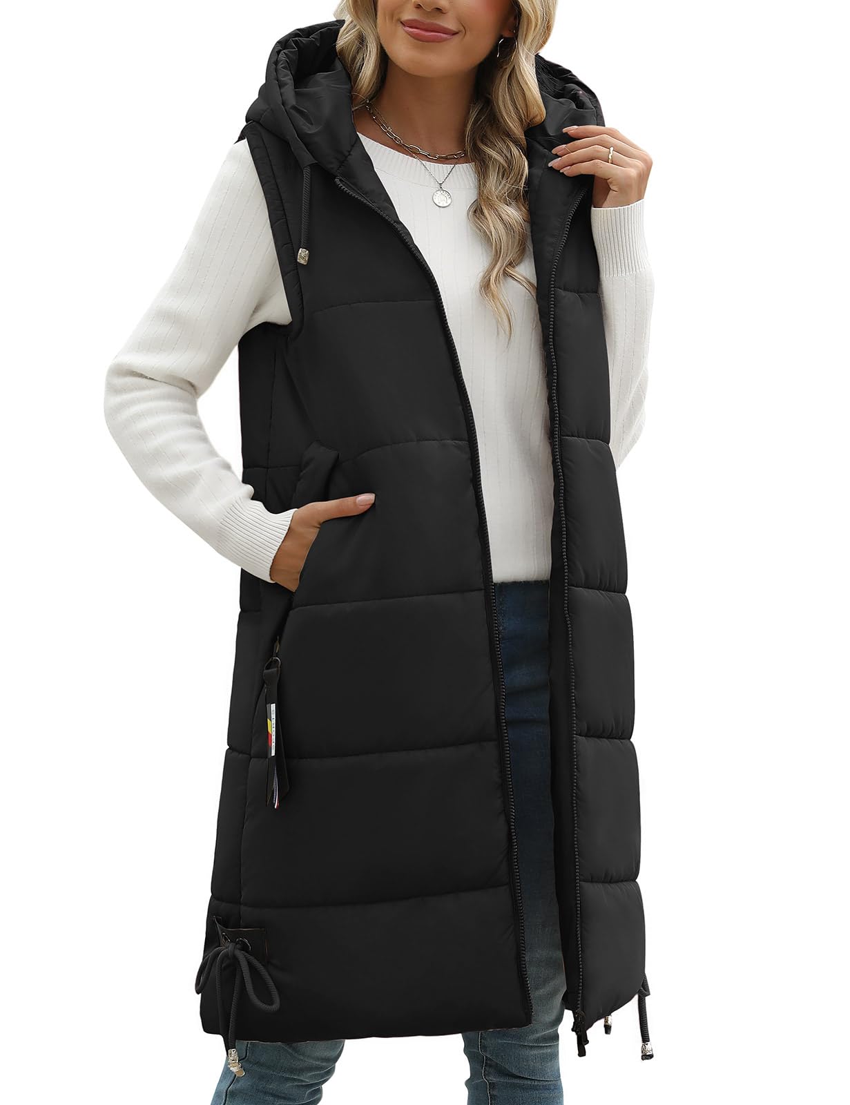Vancavoo Doudoune Longue Sans Manche Femme,Veste Longue Sans Manche Manteaux Extérieure à Courtepointe Blouson Capuche Gilet Sans Manche Hiver