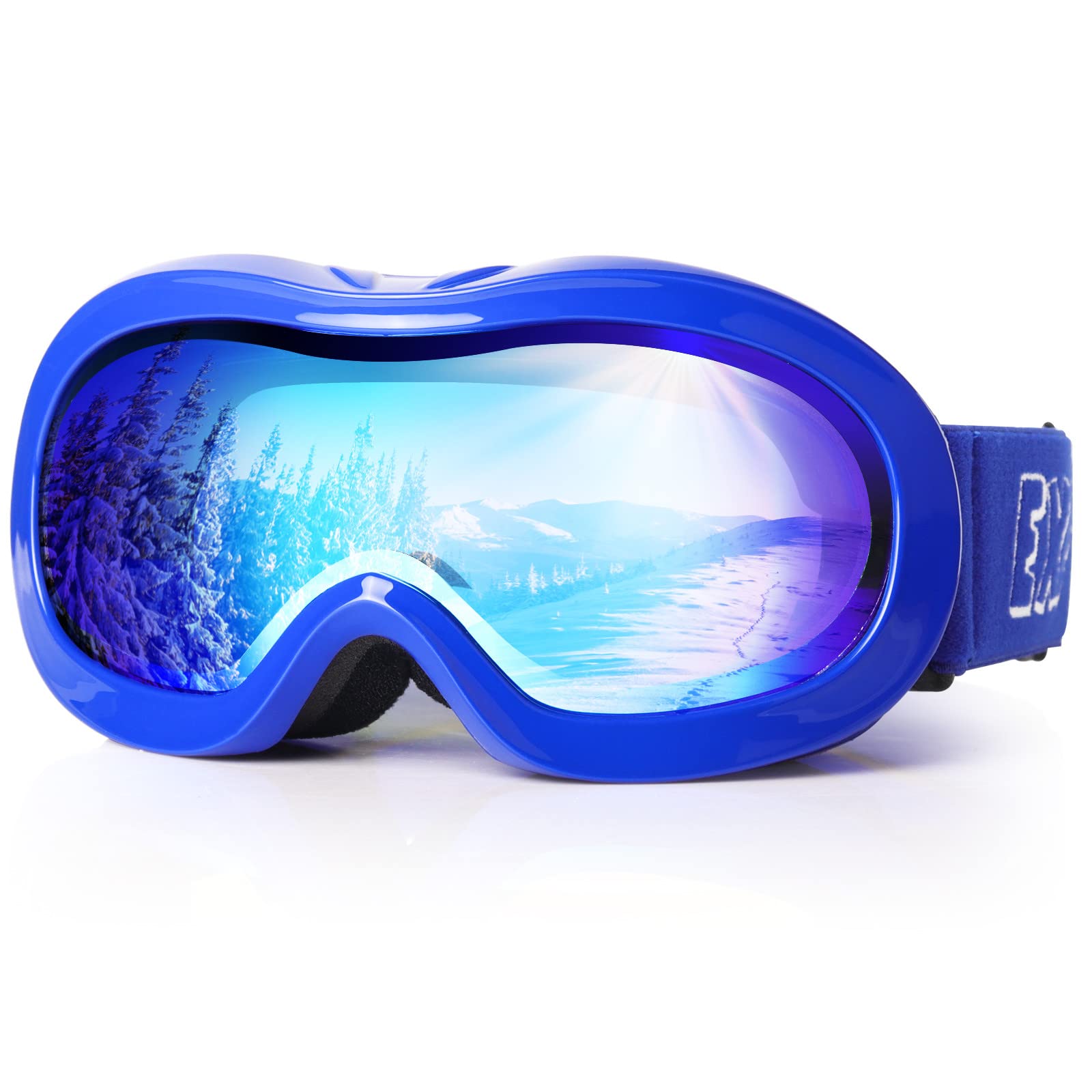 Gogle narciarskie dla dzieci, przeciwmgielne okulary, dla dzieci, gogle snowboardowe z ochroną UV, dwuwarstwowe soczewki, gogle śnieżne dla chłopców, dziewcząt, młodzieży (niebieska rama/niebieska soczewka)