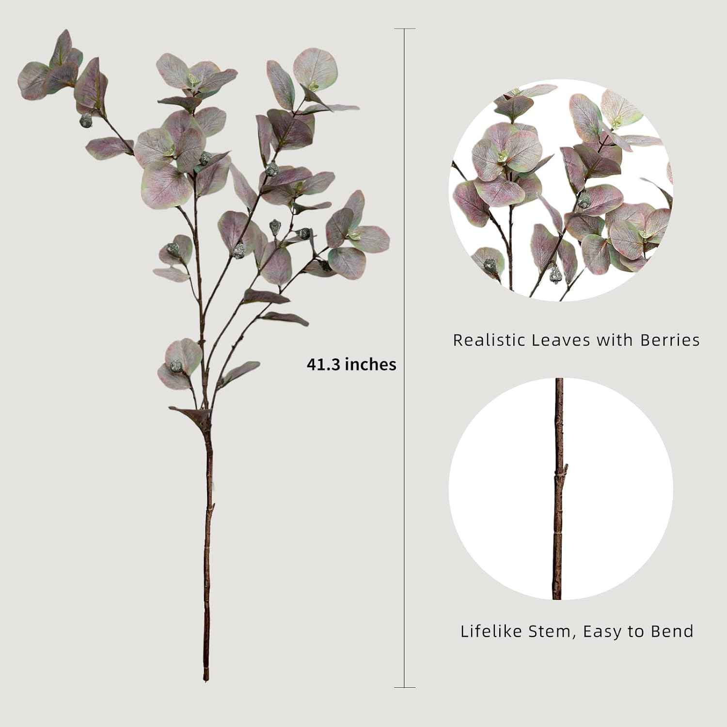 KBREE 41.3" Eucalyptus Stems, 3 Pcs Faux Eucalyptus with Seed Pods, Extra Long Stems Greenery Decor for Tall Vase, Home, Wedding & Office (Dusty Purple Green)