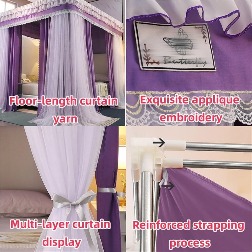 Double-Layer Bed Canopy, Floor Mosquito Net Mesh, Canopy Bed Curtains with Metal Frame, Luxurious Lace Princess Bed Canopy for Bedroom(Pink-2,59.1''W*78.7''L)