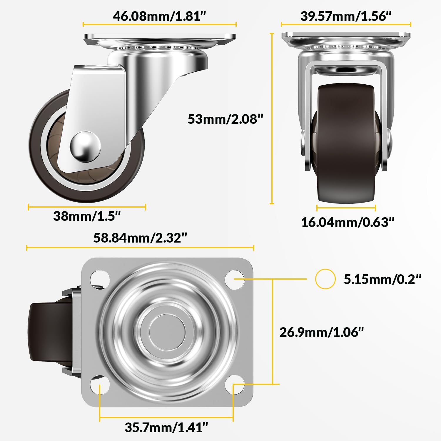 HOLKIE Castor Wheels 38mm Castors for Furniture with Safety Brake Caster Wheels Set of 4 Total Capacity 90KG (2 with Brakes and 2 without) - Image 3