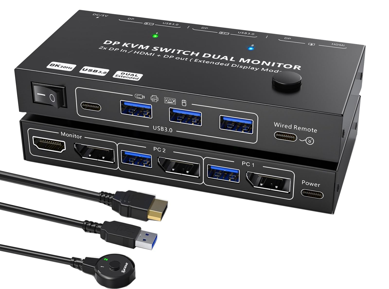 8K Displayport KVM Switch 2 PC 2 Monitor 4K @144Hz 8K@30Hz, MST Dual Monitor KVM Switch DP IN/DP+HDMI Out per 2 PC shar 2 monitor e 4 porte USB 3.0, switch KVM Displayport 1.4 con Wired Remote