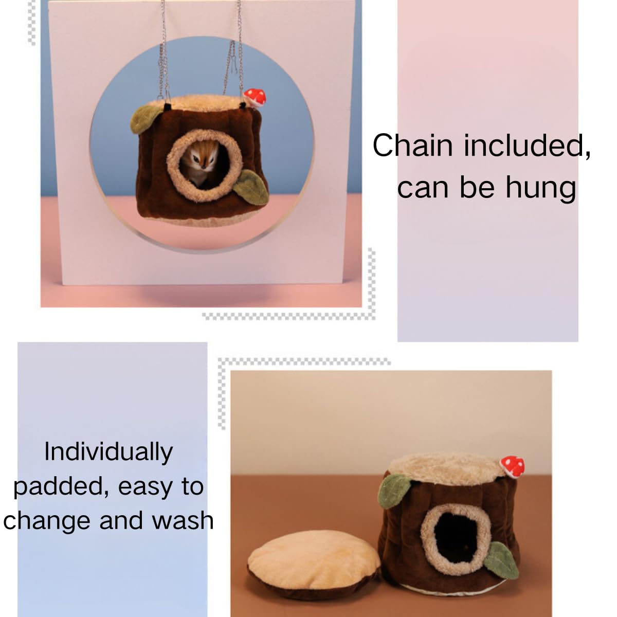 Nido cálido de invierno con cojín extraíble, casa de pájaros estilo tocón, hamaca colgante suave y lavable para loro, gris africano, chinchilla, hurón, conejo, casas y hábitats de animales pequeños