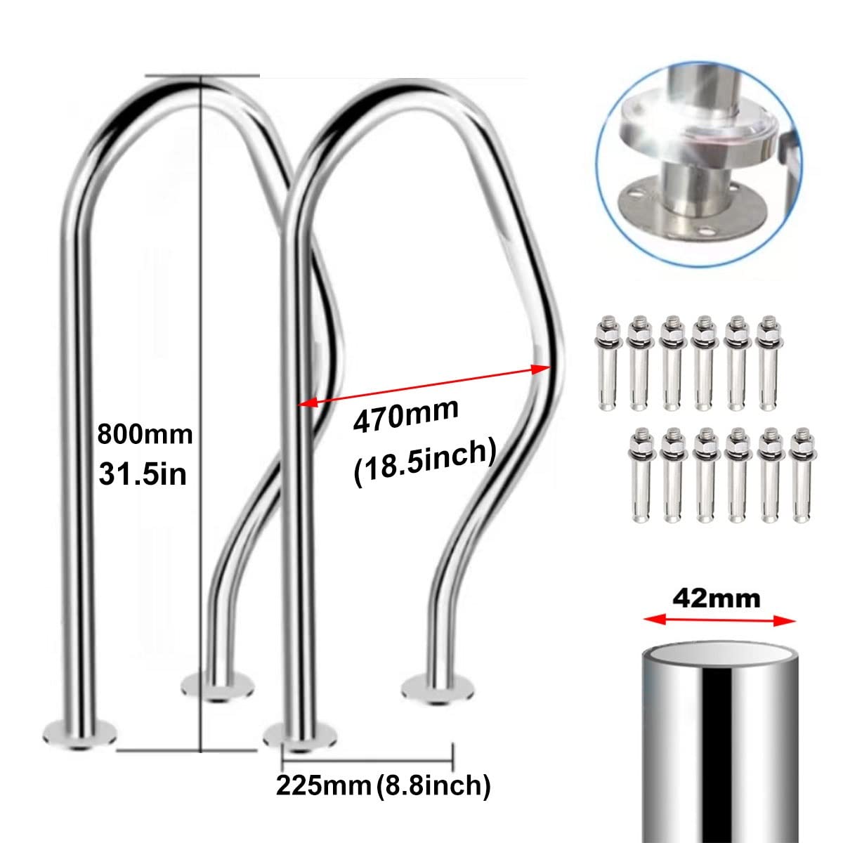 Rampe de Piscine en Acier Inoxydable 304 avec Base de Montage Rapide - Mains Courantes pour Parcs Aquatiques - Accessoires Inclus